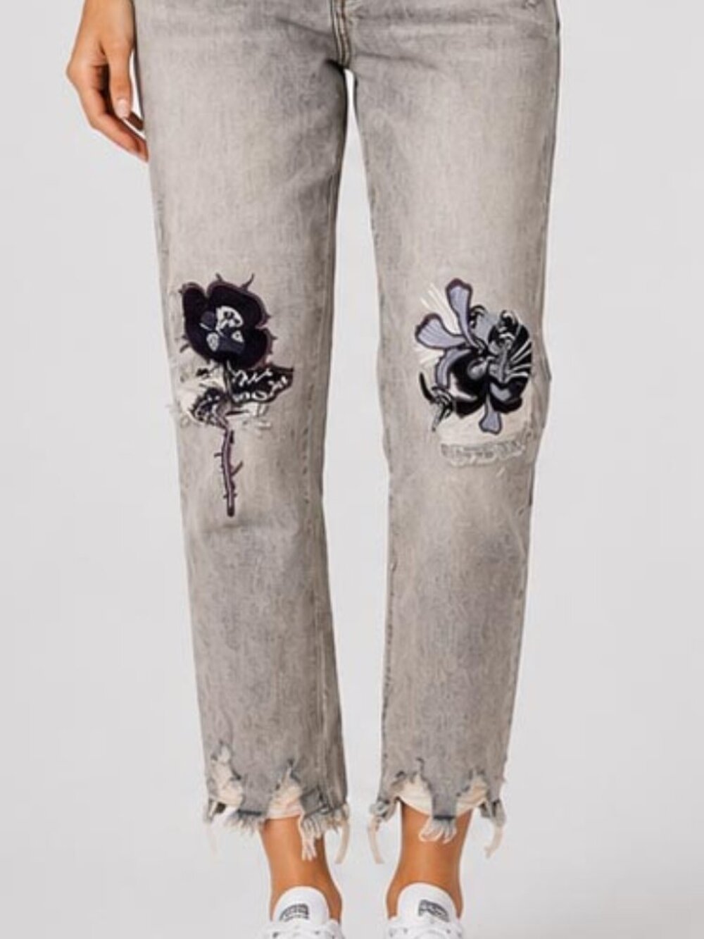 Vintage Wash Floral Embroidered Distressed Hem Straight Leg Jeans